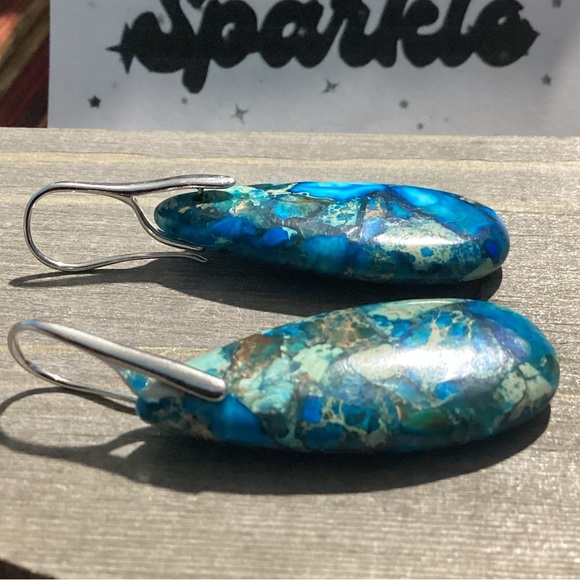 🌼 Blue &Teal  Natural Sea Jasper Stone Drop Earrings with Silver - Picture 3 of 10